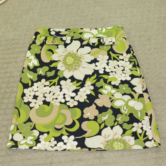 Vintage J. Crew Skirt Floral Pencil Size 2 Green Tan Poplin Woven - Picture 2 of 5